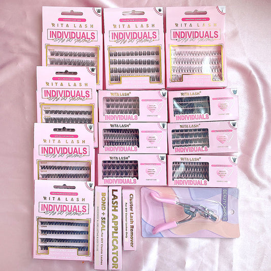 💁♀️Individual False Eyelashes Extension Kit Curl Wispy Style, 12 Box Lashes with Glue&Bond Seal&Remover&Curler, Individual Lashes Makeup Kit