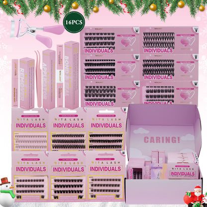 💁‍♀️Individual False Eyelashes Extension Kit Curl Wispy Style, 12 Box Lashes with Glue&Bond Seal&Remover&Curler, Individual Lashes Makeup Kit