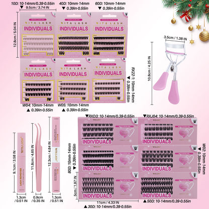 💁‍♀️Individual False Eyelashes Extension Kit Curl Wispy Style, 12 Box Lashes with Glue&Bond Seal&Remover&Curler, Individual Lashes Makeup Kit