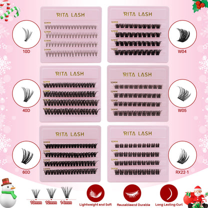 💁‍♀️Individual False Eyelashes Extension Kit Curl Wispy Style, 12 Box Lashes with Glue&Bond Seal&Remover&Curler, Individual Lashes Makeup Kit
